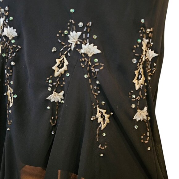 Y2K Black Midi Dress Cocktail Size 14 Assymetrical Whimsigoth Embroidered Beaded - Picture 10 of 13